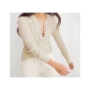 Aerie Women's Heart eyes ribbed waffle henley long sleeve shirt beige small